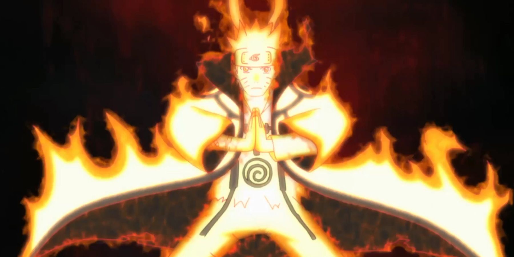 Naruto mantém as palmas das mãos juntas e entra no modo Kurama Chakra