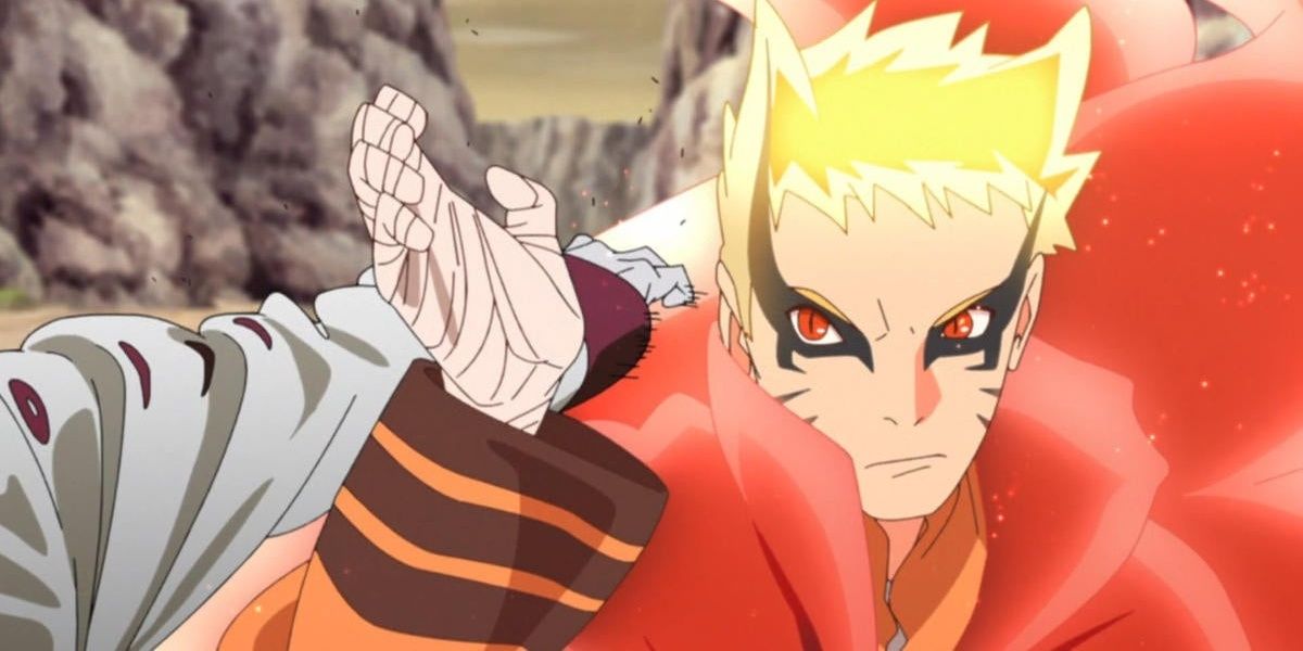 Naruto levanta a palma da mão direita no modo Baryon 