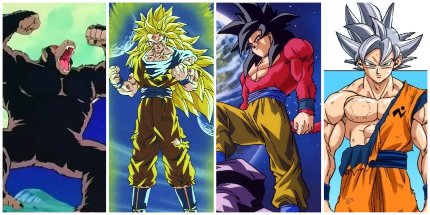 Uma imagem dividida de Goku como um Grande Macaco, Super Saiyajin 3, Super Saiyajin 4 e Ultra Instinto Aperfeiçoado de Dragon Ball