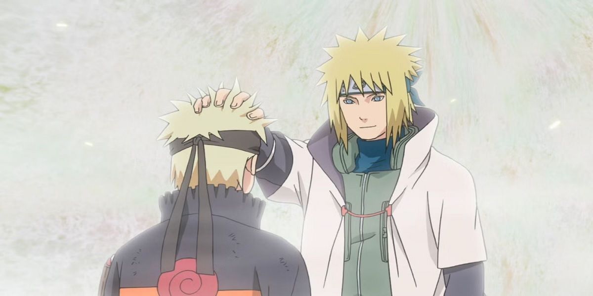 Minato dando um tapinha na cabeça de Naruto