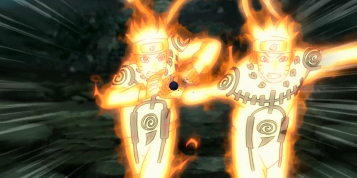 Naruto e seu Clone das Sombras usando a Super Mini Bola da Besta com Cauda