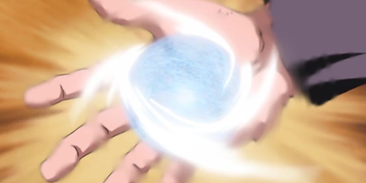 A palma de Naruto acionando o Rasengan de Liberação de Vento