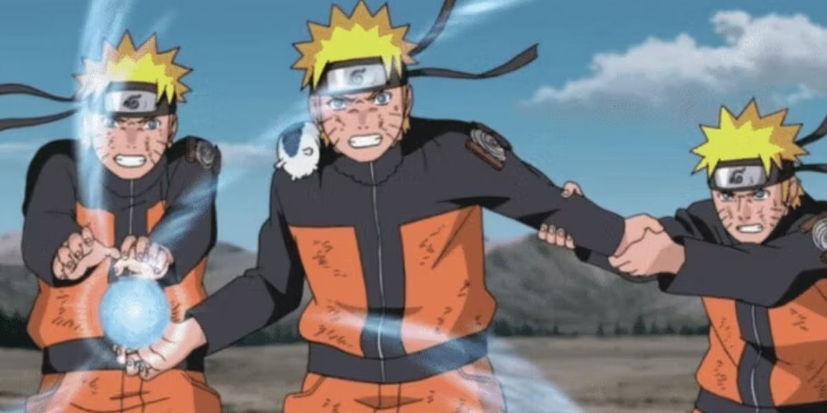 Naruto e seus Clones das Sombras usando o Rasengan