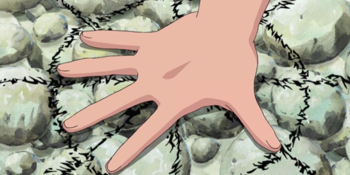 Naruto usa o Jutsu de Invocação colocando a palma da mão no chão