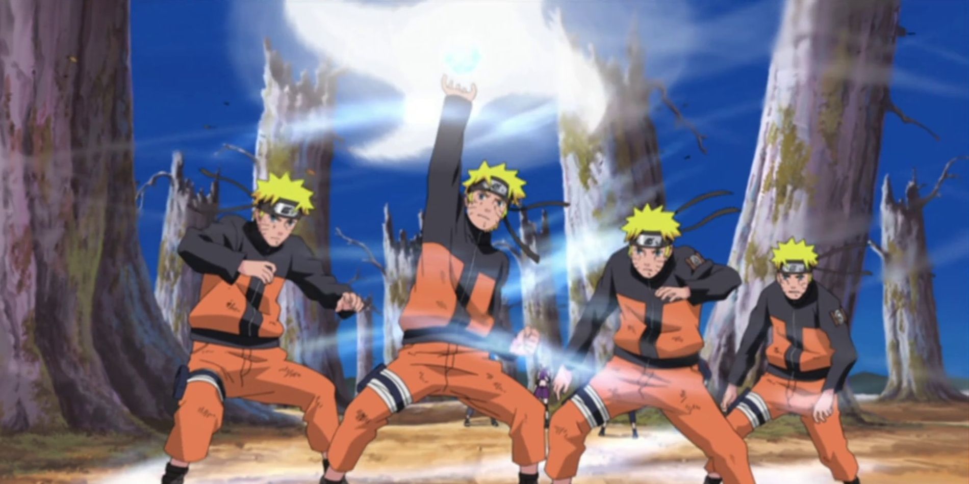 Quatro clones das sombras são mostrados empunhando o rasenshuriken em Naruto.