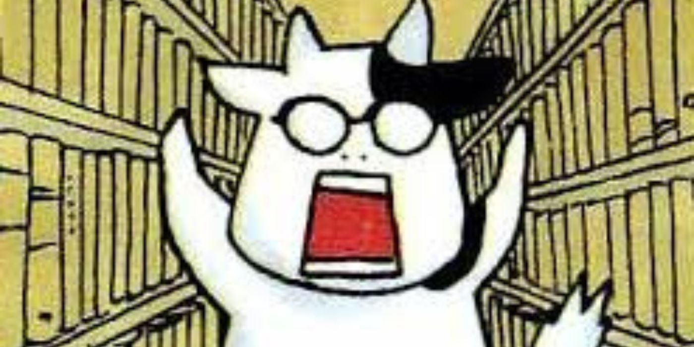 Autorretrato de Hiromu Arakawa de uma vaca de óculos com patas dianteiras no cabelo, gritando. 
