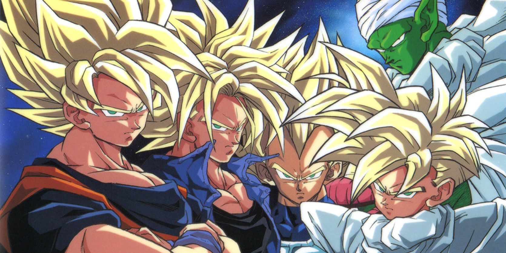 Goku, Vegeta, Trunks e Gohan na forma Super Saiyajin com Piccolo em Dragon Ball Z