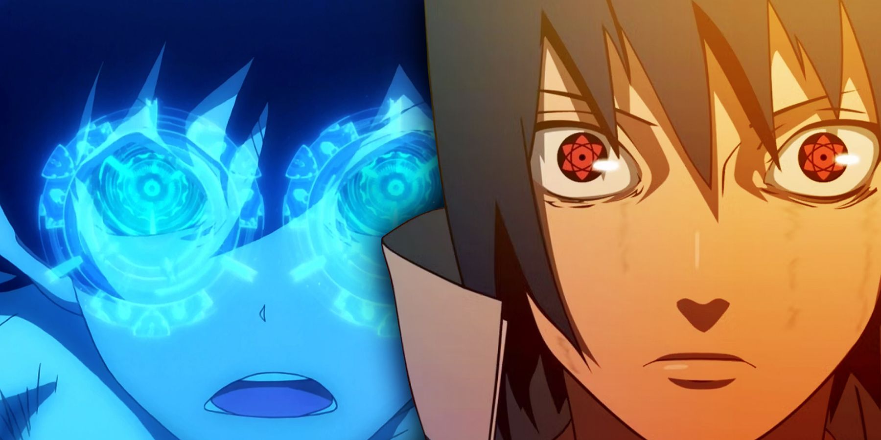 Leonardo Watch do anime Kekkai Sensen usando Eyes of God e Sasuke Uchiha do anime Naruto usando seu Sharingan