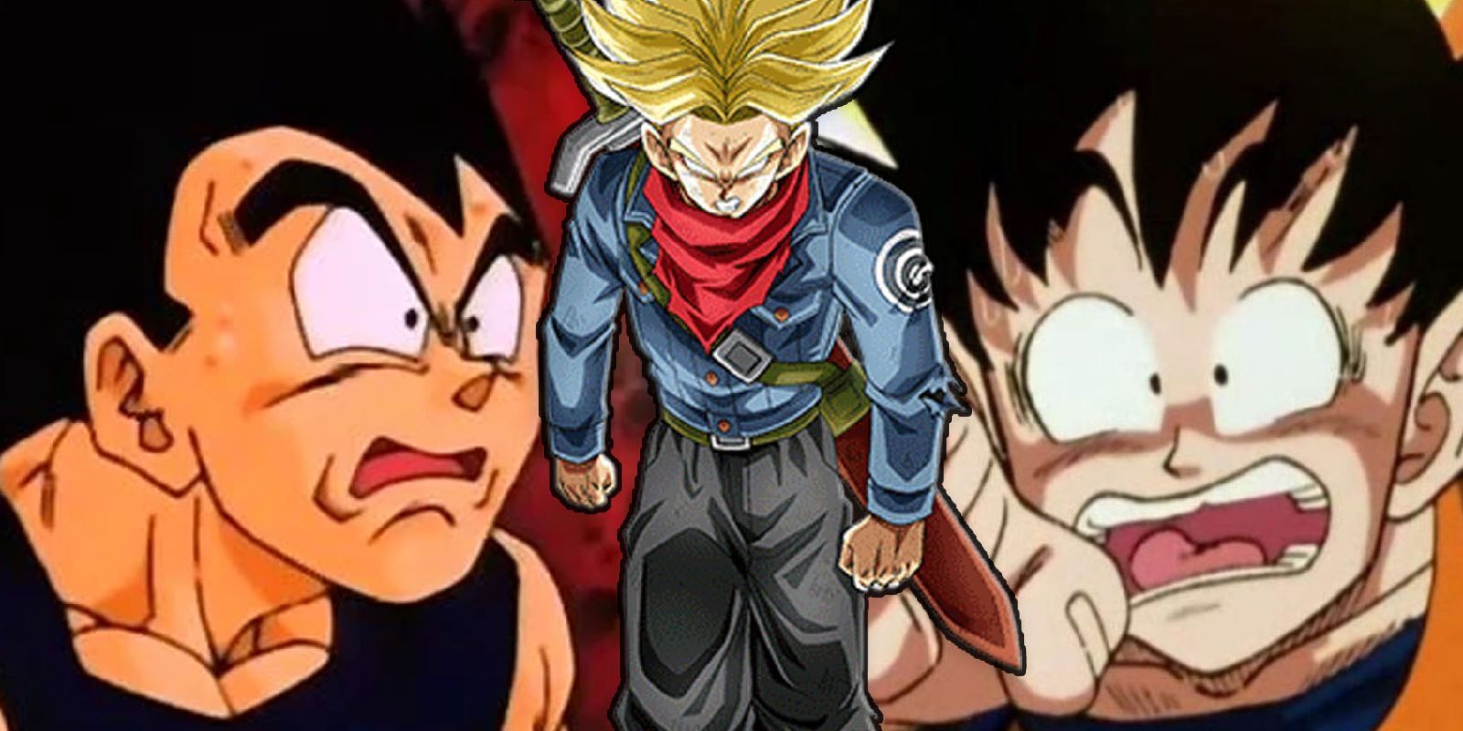 Futuro Trunks em forma de raiva super saiyan deixando Goku e Vegeta em estado de choque