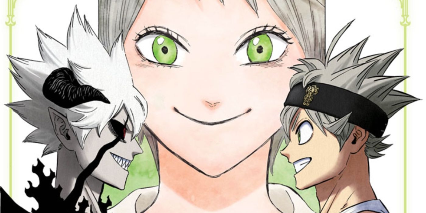 Licita do Black Clover sorrindo no centro dos sorridentes Liebe e Asta