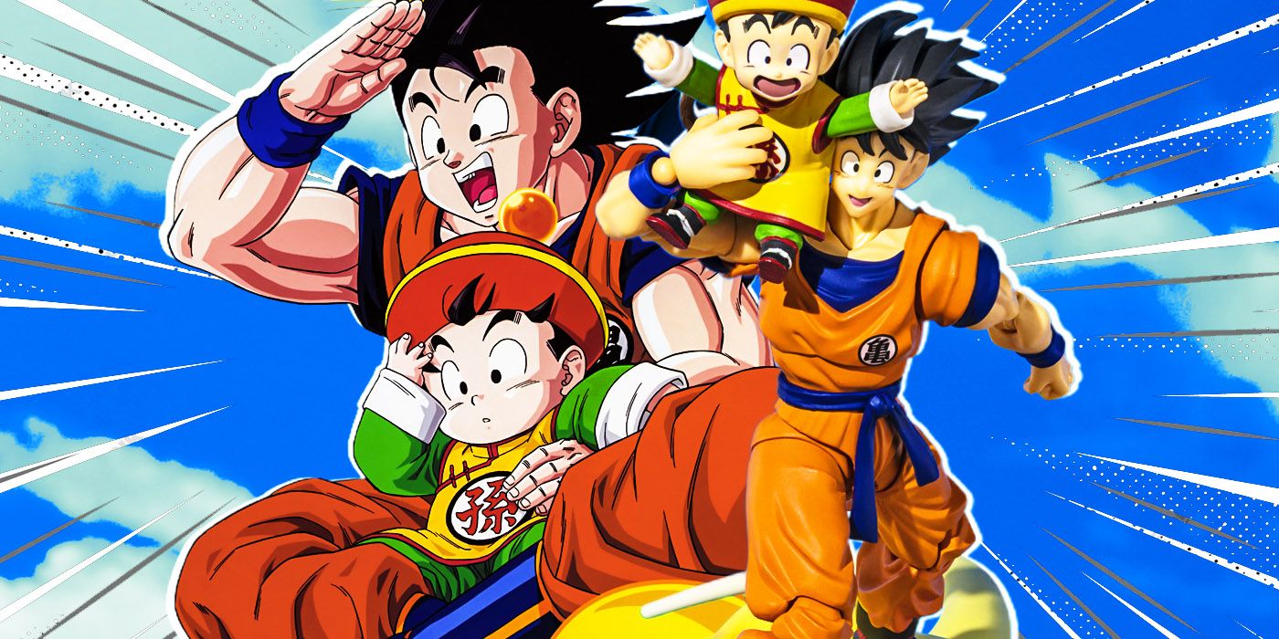 Gohan e Goku de Dragon Ball andam no nimbo ao lado de suas versões de figuras.