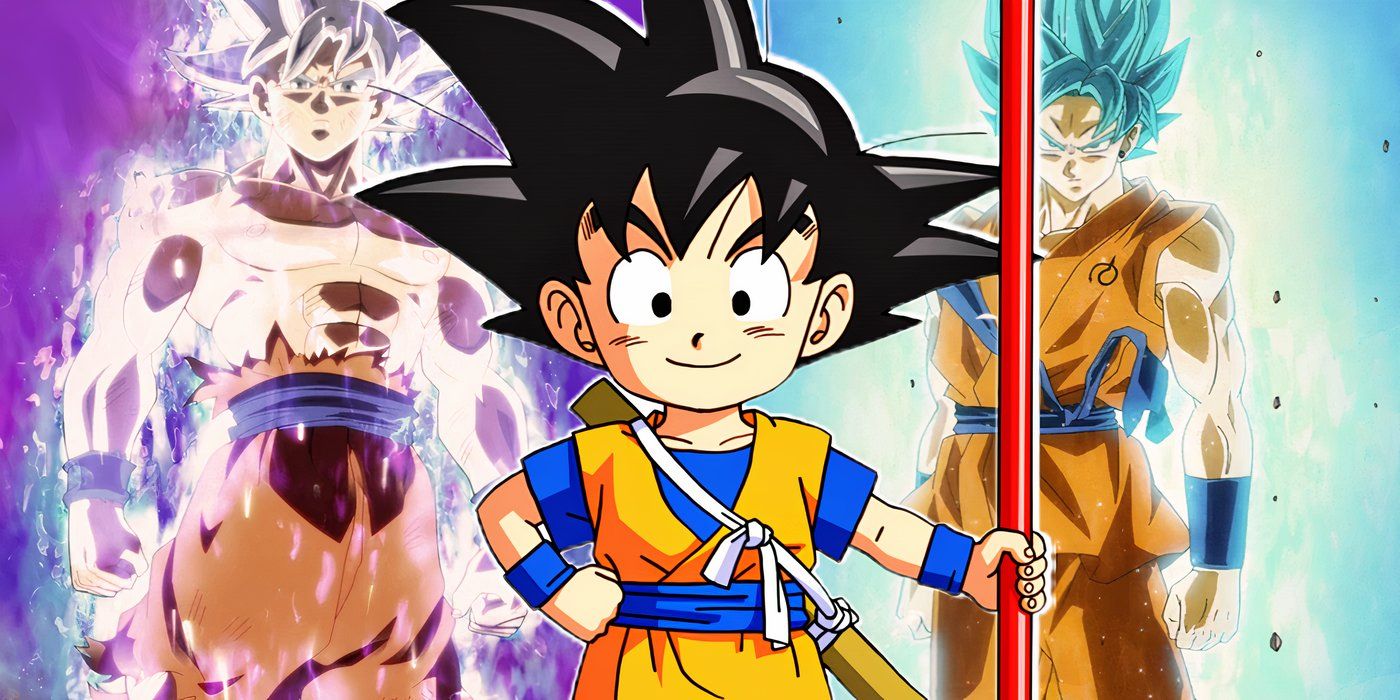 Kid Goku de Dragon Ball Daima está com um poste de energia;  Ultra Instinct Goku e Super Saiyan Blue Goku para os lados.