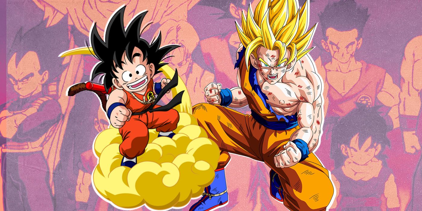 Kid Goku montando seu Nimbus ao lado do Super Saiyan Goku adulto