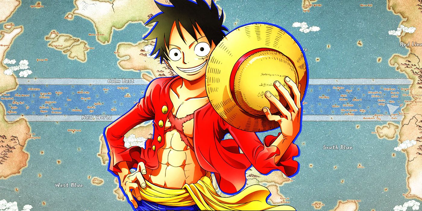 Luffy de One Piece segurando seu chapéu de palha em frente ao mapa mundial da franquia