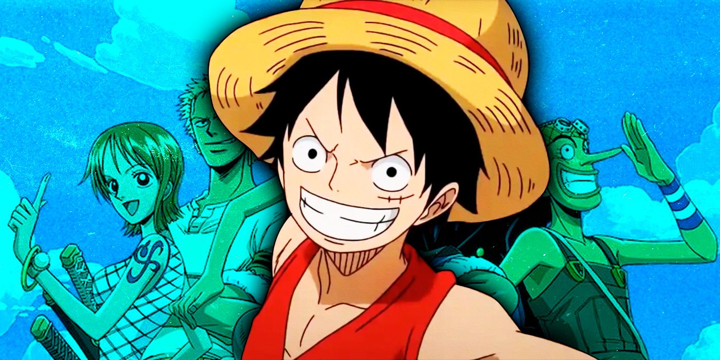 Uma colagem de Luffy de One Piece e os Piratas do Chapéu de Palha sorrindo juntos