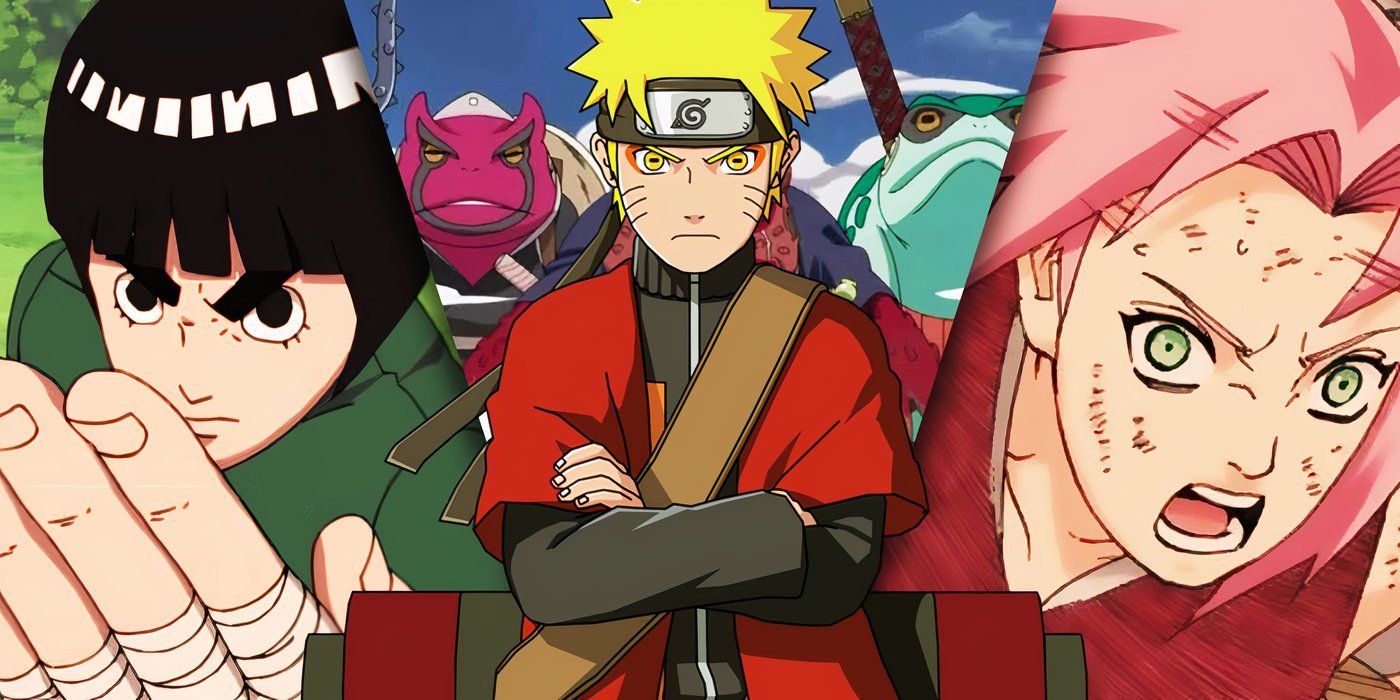 Imagens divididas de Rock Lee, Naruto e Sakura