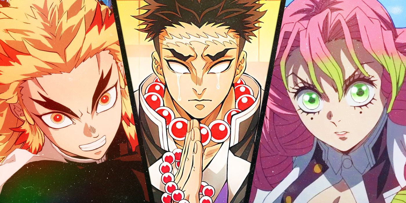 Kyojuro Rengoku, Gyomei Himejima e Mitsuri Kanroji de Demon Slayer