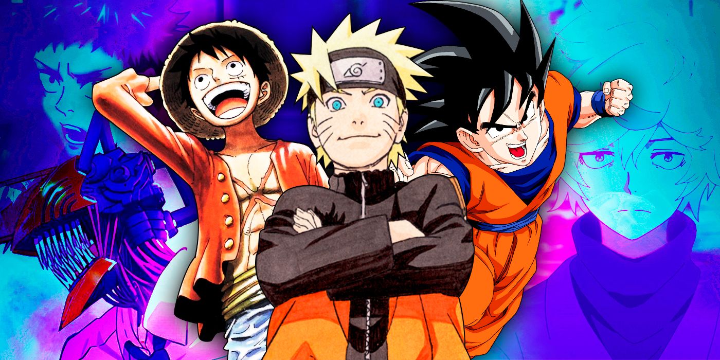 Naruto, Goku e Luffy em primeiro plano com Yuji, Chainsawman e Gabimaru em segundo plano